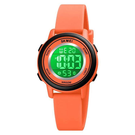 SKMEI Waterproof Digital Watch with LED Display and Silicone Strap - orange silicone strap, green LED screen, 50m waterproof, lightweight everyday sports watch