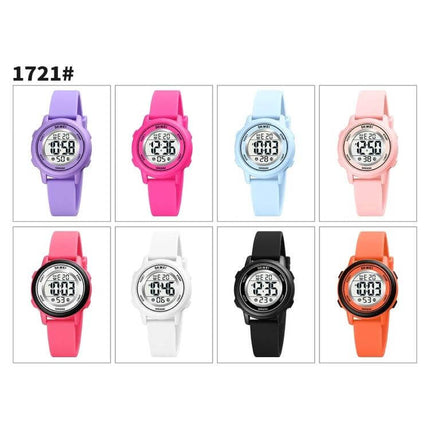 SKMEI Waterproof Digital Watch with LED Display and Silicone Strap shown in multiple colors including purple, pink, blue, white, black, orange