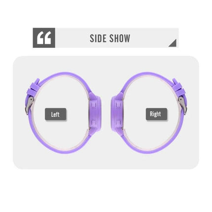 SKMEI Waterproof Digital Watch with LED Display and Silicone Strap showing left and right purple silicone straps and side profile
