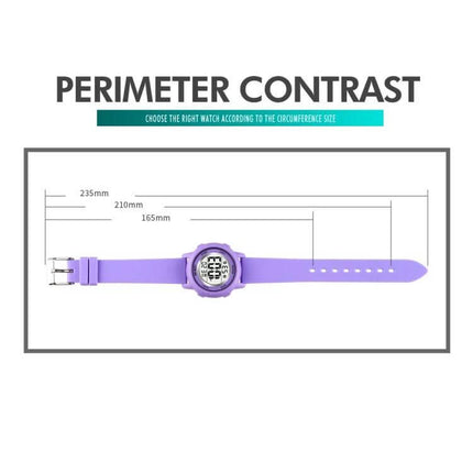 SKMEI Waterproof Digital Watch with LED Display and Silicone Strap purple watch laid flat showing perimeter measurements and strap length