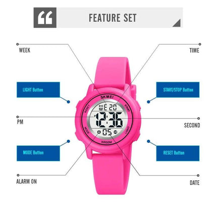 SKMEI Waterproof Digital Watch with LED Display and Silicone Strap — pink waterproof 50m LED sport watch with silicone strap, buttons labeled light, mode, start/stop, reset