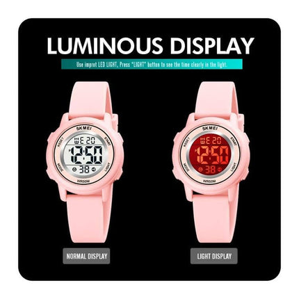 SKMEI Waterproof Digital Watch with LED Display and Silicone Strap showing normal and luminous light display in pink, 50m waterproof, lightweight