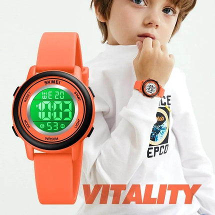 SKMEI Waterproof Digital Watch with LED Display and Silicone Strap - orange silicone strap, green LED display, 50m waterproof, lightweight sports watch