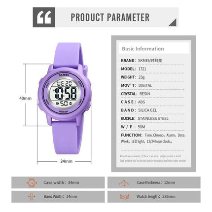 SKMEI Waterproof Digital Watch with LED Display and Silicone Strap shown in purple, 50m waterproof, lightweight everyday sports watch
