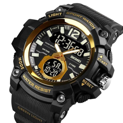SKMEI Multi-Function Digital Watch for Daily Timekeeping - black and gold rugged sports watch with digital display, stopwatch, and water-resistant strap
