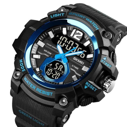 SKMEI Multi-Function Digital Watch for Daily Timekeeping - black and blue sport digital watch with stopwatch, alarms, water resistant display