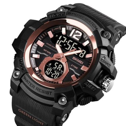 SKMEI Multi-Function Digital Watch for Daily Timekeeping black sport digital watch with rose gold accents, water resistant, stopwatch and alarm
