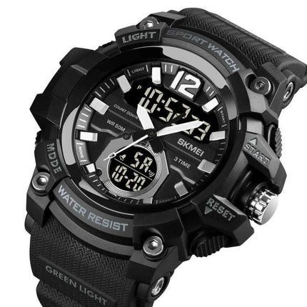 SKMEI Multi-Function Digital Watch for Daily Timekeeping black rugged sport watch with digital-analog display, water-resistant and stopwatch features