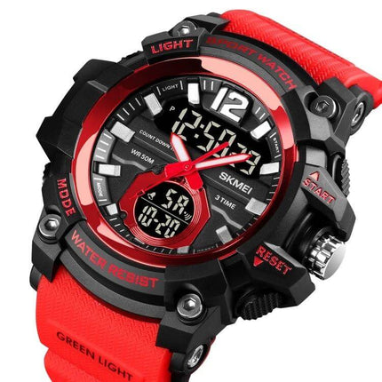 SKMEI Multi-Function Digital Watch for Daily Timekeeping – red and black rugged digital-analog sports watch with stopwatch, alarm, 12/24hr display