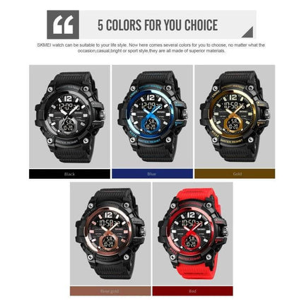 SKMEI Multi-Function Digital Watch for Daily Timekeeping showing five color variants (black, blue, gold, rose gold, red)