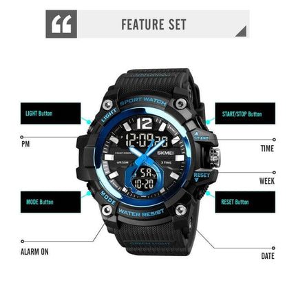 SKMEI Multi-Function Digital Watch for Daily Timekeeping - black blue sport digital watch showing time, date, alarm and stopwatch features