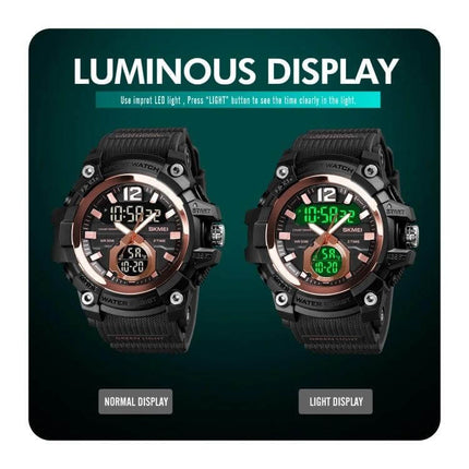 SKMEI Multi-Function Digital Watch for Daily Timekeeping showing luminous normal and light display options on rugged black strap