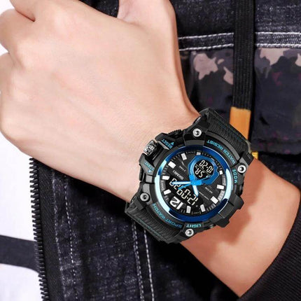 SKMEI Multi-Function Digital Watch for Daily Timekeeping shown on wrist, black-blue rugged sport design with digital display and stopwatch