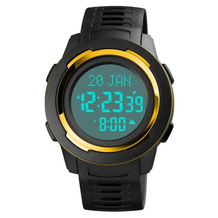 SKMEI Digital Watch for Prayer Times and Qibla Direction Guidance - black digital watch showing time, date, and prayer reminder on teal display