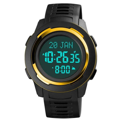 SKMEI Digital Watch for Prayer Times and Qibla Direction Guidance - black digital prayer watch with green display, date, time and alarm icons