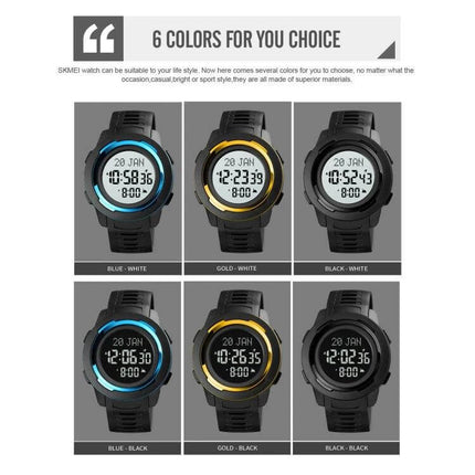 SKMEI Digital Watch for Prayer Times and Qibla Direction Guidance – six color digital watches showing prayer time display and Qibla support