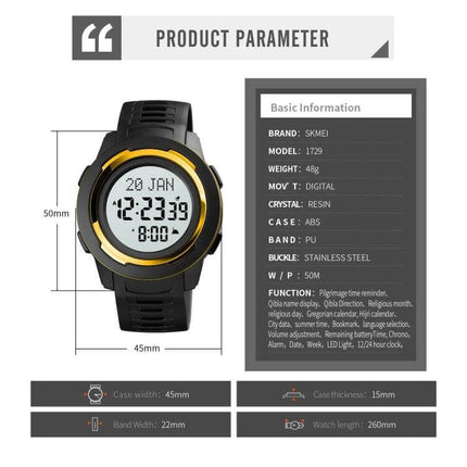 SKMEI Digital Watch for Prayer Times and Qibla Direction Guidance shown with dimensions, digital display, and prayer/Qibla features