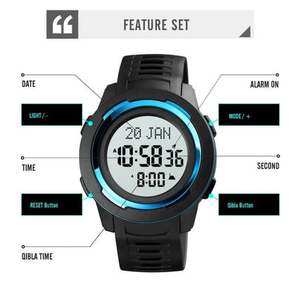 SKMEI Digital Watch for Prayer Times and Qibla Direction Guidance - black sports watch display showing date, time, Qibla and feature labels
