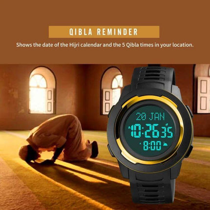 SKMEI Digital Watch for Prayer Times and Qibla Direction Guidance showing digital display, Hijri date, prayer reminders and Qibla orientation