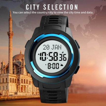 SKMEI Digital Watch for Prayer Times and Qibla Direction Guidance black smartwatch showing time, date and city selection features