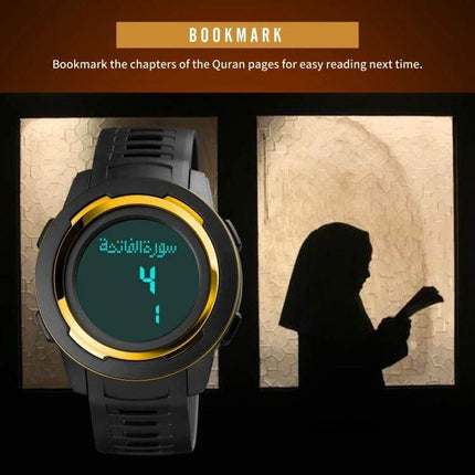 SKMEI Digital Watch for Prayer Times and Qibla Direction Guidance - black sport watch showing prayer time display and Qibla features with silhouette reading Quran