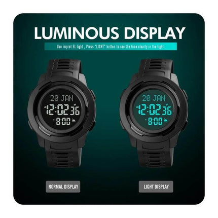 SKMEI Digital Watch for Prayer Times and Qibla Direction Guidance with luminous EL backlight showing normal and light display for prayer reminders