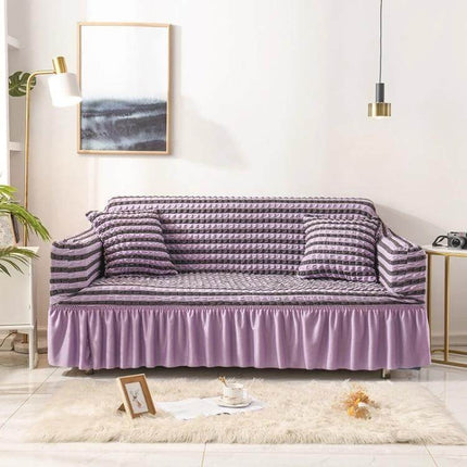 Stretch Sofa Cover With Skirt for Double M 145-185cm Sofas in lavender seersucker fabric with lotus-leaf skirt protecting sofa from spills and pet hair