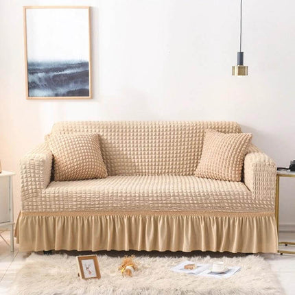 Stretch Sofa Cover With Skirt for Double M 145-185cm Sofas in beige seersucker fabric with lotus-leaf skirt protecting sofa from spills and pet hair