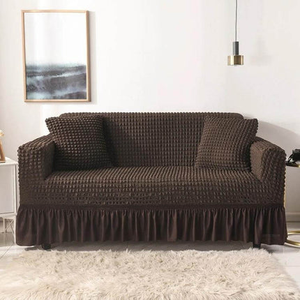 Stretch Sofa Cover With Skirt for Double M 145-185cm Sofas - brown seersucker elastic slipcover with lotus-leaf skirt and straps protecting sofa