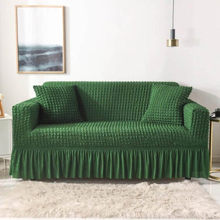 Stretch Sofa Cover With Skirt for Double M 145-185cm Sofas in green seersucker fabric with lotus-leaf skirt protecting sofa from spills and pet hair