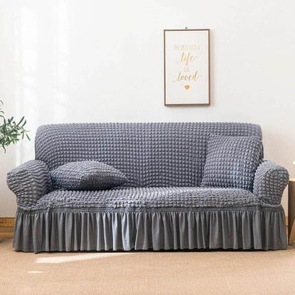 Stretch Sofa Cover With Skirt for Double M 145-185cm Sofas grey seersucker protective cover with skirt, straps and lotus-leaf bottom