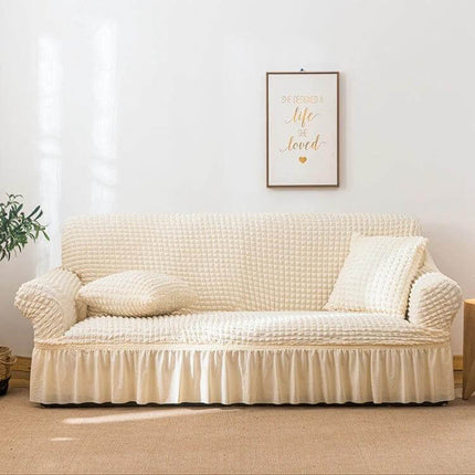 Stretch Sofa Cover With Skirt for Double M 145-185cm Sofas in cream seersucker fabric with lotus-leaf skirt protecting sofa from spills and pet hair