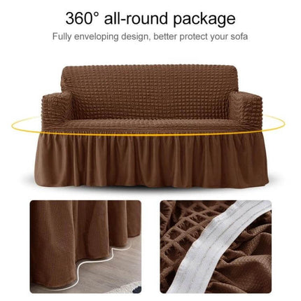 Stretch Sofa Cover With Skirt for Double M 145-185cm Sofas shown in brown seersucker fabric with lotus-leaf skirt and secure straps, 360° all-round protection