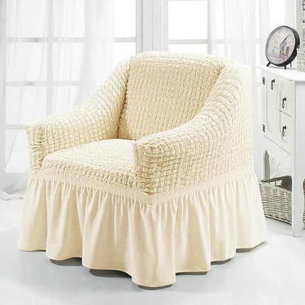 Four Seasons Universal Elastic Skirt Style Sofa Cover 90-140cm on cream armchair protecting fabric and adding ruffled skirted look
