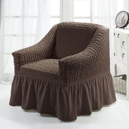 Four Seasons Universal Elastic Skirt Style Sofa Cover 90-140cm on brown armchair, polyester stretchy skirted protector for pets and kids