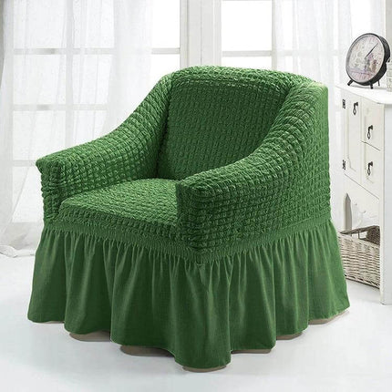 Four Seasons Universal Elastic Skirt Style Sofa Cover 90-140cm on green armchair protecting fabric and adding ruffled skirt style