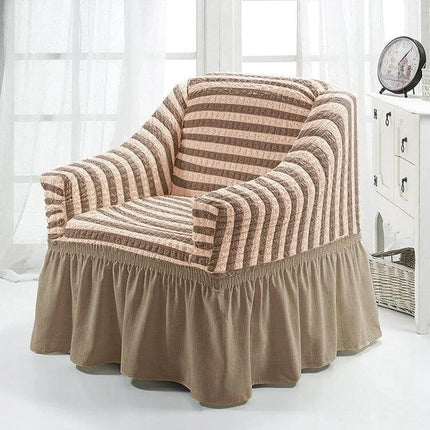 Four Seasons Universal Elastic Skirt Style Sofa Cover 90-140cm on beige striped armchair protecting upholstery with full skirt and elastic edges