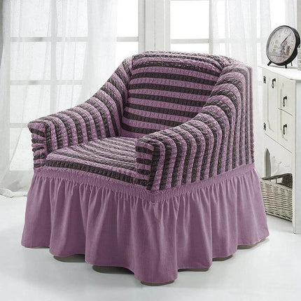 Four Seasons Universal Elastic Skirt Style Sofa Cover 90-140cm on purple striped armchair, polyester elastic skirt protects sofa from pets and kids