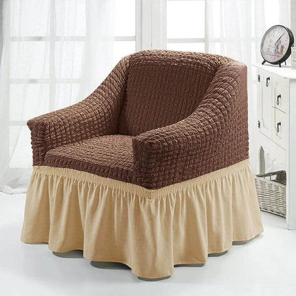 Four Seasons Universal Elastic Skirt Style Sofa Cover 90-140cm - brown quilted top with beige skirt on armchair protecting upholstery