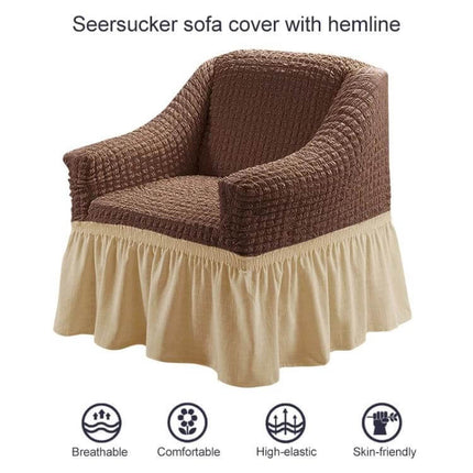 Four Seasons Universal Elastic Skirt Style Sofa Cover 90-140cm brown seersucker armchair cover with beige skirt, breathable polyester protection
