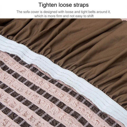 Four Seasons Universal Elastic Skirt Style Sofa Cover 90-140cm close-up of elastic edge and tightening straps on brown fabric