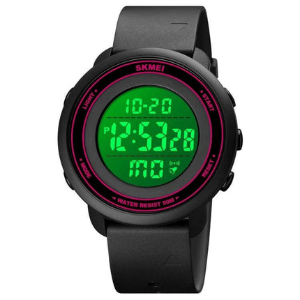 SKMEI Digital Watch with LED Display and Everyday Alarm Functions - black round LED watch with green display and pink accent, lightweight durable design