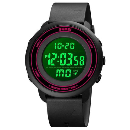 SKMEI Digital Watch with LED Display and Everyday Alarm Functions - black round LED display watch with green digits, pink trim, alarm and water resistant
