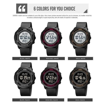 SKMEI Digital Watch with LED Display and Everyday Alarm Functions showing six color variations on white background