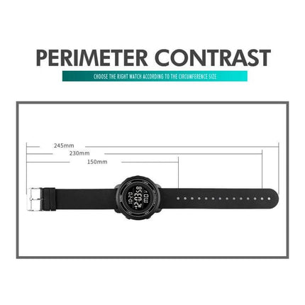 SKMEI Digital Watch with LED Display and Everyday Alarm Functions showing perimeter contrast and strap measurements (150mm, 230mm, 245mm)