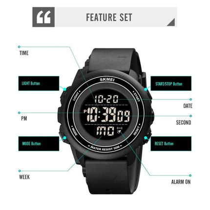 SKMEI Digital Watch with LED Display and Everyday Alarm Functions - black LED sport watch showing time, date, alarm and buttons