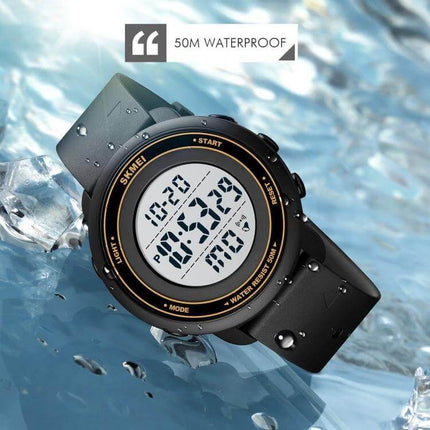 SKMEI Digital Watch with LED Display and Everyday Alarm Functions - black water-resistant sport digital wristwatch showing LED time and date