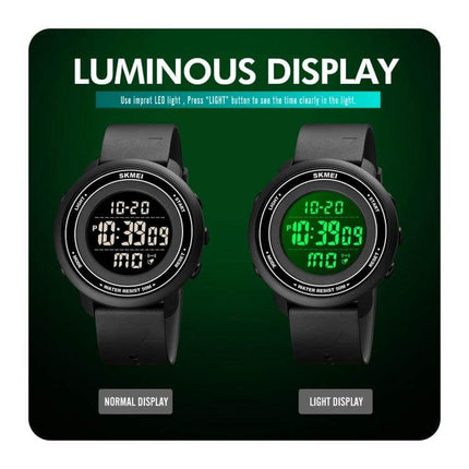 SKMEI Digital Watch with LED Display and Everyday Alarm Functions showing normal and luminous light display on black sports watch