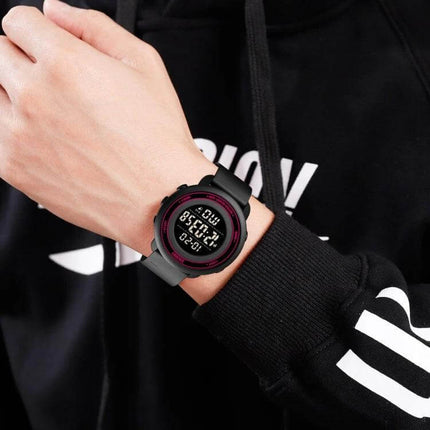 SKMEI Digital Watch with LED Display and Everyday Alarm Functions on wrist showing LED time, lightweight durable design for workouts and daily alarms