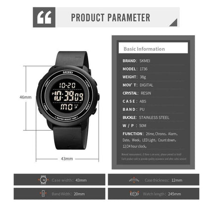 SKMEI Digital Watch with LED Display and Everyday Alarm Functions, black round digital sports watch showing time, date, dimensions